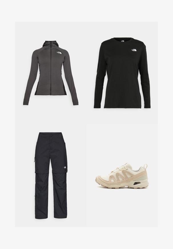 Fekete sportdzseki teljes cipzárral, kapucnival és textúrázott mintával. Oldalsó cipzáras zsebekkel és kontrasztos fekete panelek a szélén.; Fekete, hosszú ujjú póló pamutból, kerek nyakkal. A bal mellrészen egy kis fehér logó található. Egyszerű dizájn és szabás.; Fekete nylon zipzáras cargo nadrág állítható mandzsettával, több zsebbel és logóval a jobb lábon. Simább, könnyű textúra.; Beige és krém színű sportcipő, texturált hálós felsőrésszel, támogató burkolattal és gumitalppal, amely tapadás érdekében bordázott mintázattal rendelkezik.