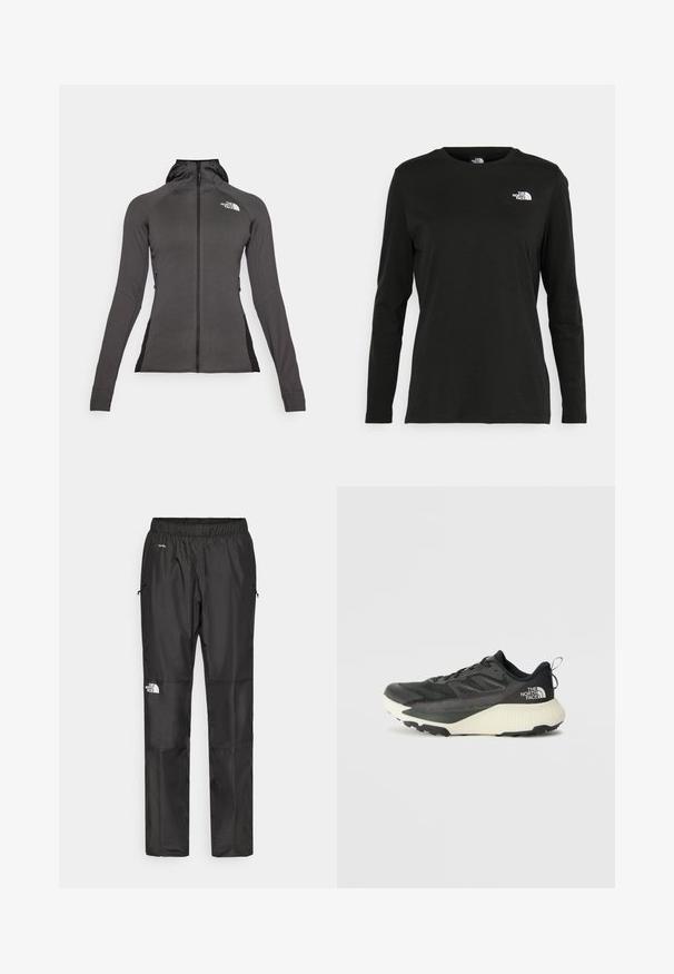 Black athletic jacket with full zip, hood, and a textured design. Features side zip pockets and contrasting black panels on the sides.; Black long-sleeve t-shirt made of cotton with a round neck. Features a small white logo on the left chest area. Simple design and fit.; Black waterproof pants made from lightweight fabric, featuring an elastic waistband, side pockets, and a logo on the left leg.; Black athletic shoe with a textured upper, featuring gray accents and a white midsole. Includes a pull tab and prominent brand logo on the heel.