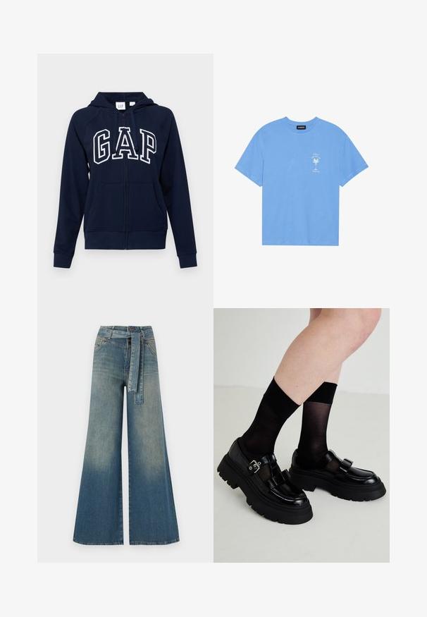 GAP HERITAGE - Felpa con zip - navy uniform; T-shirt di cotone blu chiaro con scollatura rotonda. Presenta una grafica bianca di una palma e testo sull'area sinistra del petto. Maniche corte.; Pantaloni in denim a gamba larga con una sfumatura che va dal blu chiaro al blu scuro, vita alta, passanti per cintura e una cintura in tessuto coordinato. Finitura in denim strutturato.; Scarpe in vernice nera con suole spesse, due cinturini decorativi e una fibbia, abbinate a calze nere trasparenti.