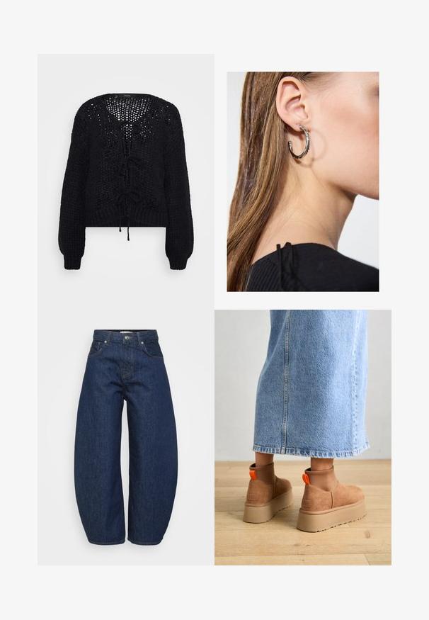 Vero Moda Petite VMALOA BOW CARDIGAN - Neuletakki - black; Even&Odd Petite 2 PACK - Toppi - light grey/black; Tummansiniset farkut, joissa on leveä ja rento istuvuus. Niissä on vetoketjullinen haarakiinnitys, neljä taskua ja kontrastiväriset saumat.; Ruske mokasine z platformo in elastiko na straneh ter oranžnimi zategovalnimi trakovi, v kombinaciji z osnovno dolžino svetle denim krila na lesenem podu.; Hopea renkaankorvakoru kiiltävällä pinnalla, jossa on pieniä kultaisia yksityiskohtia ja pyöreä muoto, käytetty korvalla.