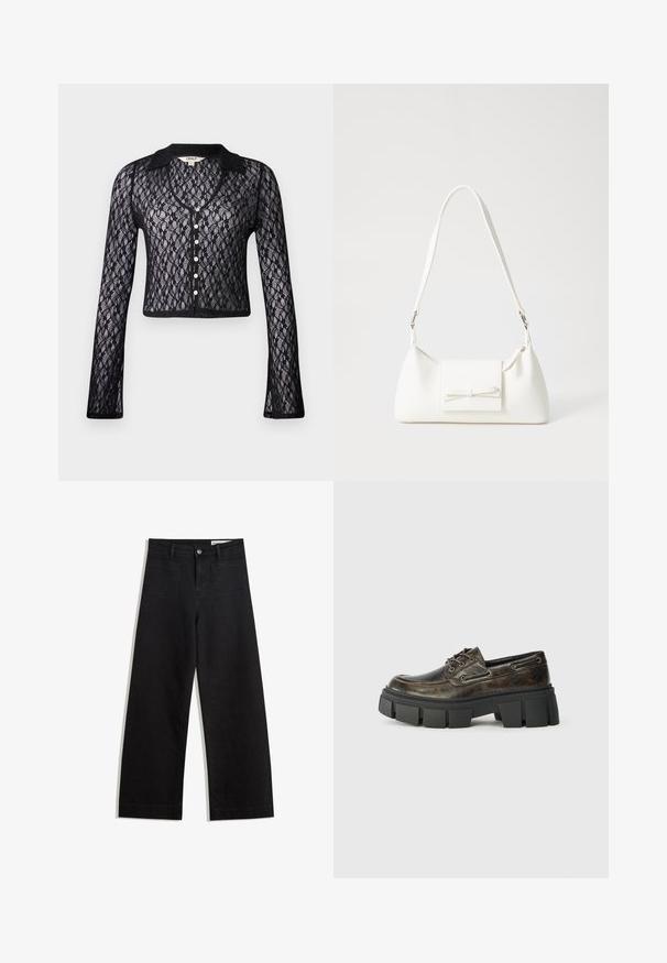 Fekete csipke kardigán V-nyakkal, hosszú ujjakkal és gombos záródással. Virágmintás, egyszínű gallér díszítéssel. Rövidített fazon.; Fehér póló fekete felirattal, amely egy zenei eseményt népszerűsít, benne az "Exkluzív Hozzáférés", "Rock Indie Koncertek" és "Szupersztár Zenei Élmény" szöveggel.; Fekete, bő szabású farmernadrág magas derékkal, elülső és hátsó zsebekkel, varrott felületekkel és gombos záródással. Sima textúra.; Sötétbarna bőr fűzős cipő, vastag fekete talppal, textúrált felülettel és sima háttéren található mokaszin orrmintával.; Fehér szintetikus kézitáska, háromszög alakú, lapos előlap, masni részlettel, állítható pánttal, sima textúrával és minimalista dizájnnal.