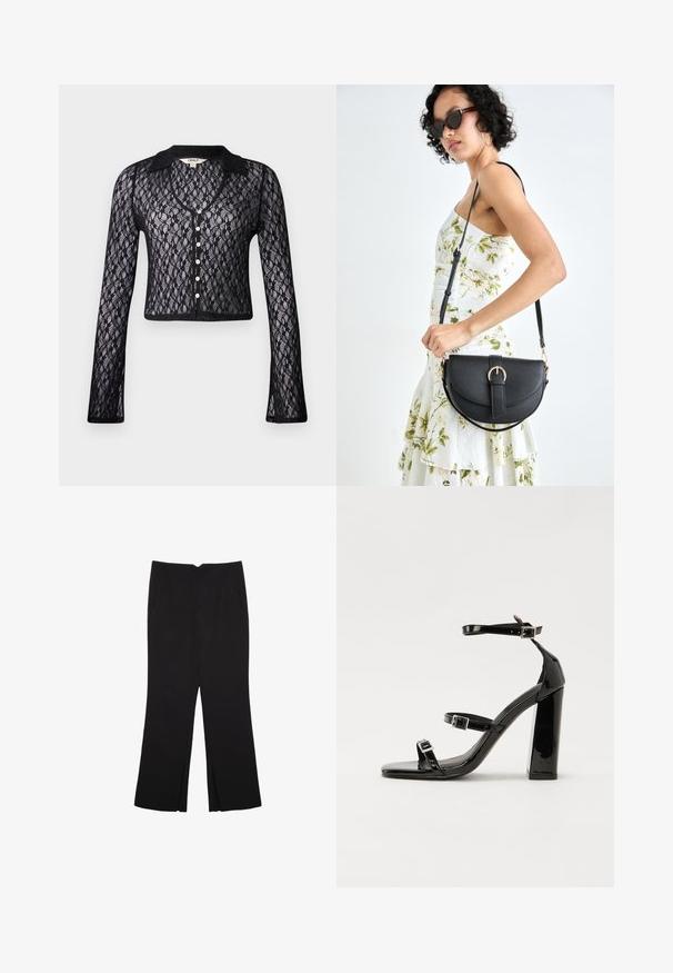 Svart spetskofta med V-ringning, långa ärmar och knappstängning. Har ett blommönster och enfärgad krage. Kort design.; En enkel svart bomulls T-shirt med kort ärm och rund hals, uppvisad på en vit bakgrund.; Svarta byxor med rak passform, utrustade med framfickor och sidoklyvningar vid fållen. Tillverkade av mjukt, slätt tyg. Lämpliga för olika tillfällen.; Svarta lackerade klacksandaler med fyrkantig tå, ankelremmar och silverfärgade spännen. Har en kraftig blockklack för stabilitet.; Svart läderhandväska med en böjd form, avtagbar rem och guldiga detaljer. Väskan har ett lock med en spänndetalj.