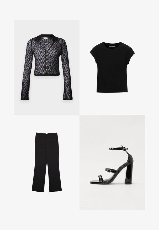 Czarny koronkowy kardigan z dekoltem w serek, długimi rękawami i zapięciem na guziki. Posiada kwiatowy wzór i jednolitą wykończenie kołnierza. Krótkie wykończenie.; Czarna koszulka z krótkim rękawem, wykonana z miękkiego materiału, z okrągłym dekoltem i luźnym krojem, o gładkiej fakturze i bez wzorów.; Czarne spodnie o prostym kroju, z przednimi kieszeniami i bocznymi rozcięciami na dole. Wykonane z miękkiego, gładkiego materiału. Odpowiednie na różne okazje.; Czarne lakierowane sandały na obcasie z kwadratowym noskiem, z paskami wokół kostki i srebrnymi klamrami. Posiadają masywny słupek dla stabilności.