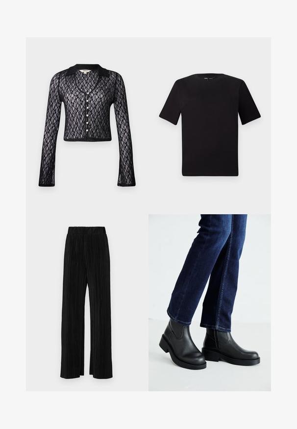 Must mustriga kardigan V-kaelusega, pika varruku ja nupuga kinnitusega. Omab lillemustrit ja ühte värvi kaelarihma. Lühendatud disain.; Must olema lühikeste varrukatega must t-särk ümmarguse kaelusega, valmistatud pehmest puuvillast kangast. Lihtne disain, ilma nähtavate logode või mustriteta.; Mustad pleekitud püksid elastse vöökohtaga. Omavad laiad jalad ja sujuvat, tekstureeritud kangast vertikaalsete triipudega.; Mustad mustad nahast sääre kõrgused saabastega, millel on paks tald ja küljel elastsed paneelid, kombineeritud tumedate siniste teksadega. Maapind on heledat värvi.