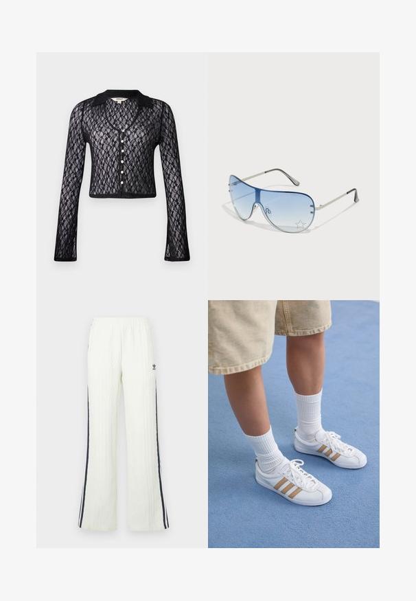 Črna čipkastka kardigan z V-izrezom, dolgimi rokavi in gumbom za zapiranje. Ima cvetlični vzorec in enobarvne obrobe ovratnika. Skrajšana zasnova.; Bela bomba majica iz bombaža s kratkimi rokavi in okroglim izrezom. Ima črni Adidas logotip na prsih ter kontrastni črni notranji ovratnik.; Svetlo kremaste, pletene hlače z zvončastim krojem. Imajo temno modre bočne črte in logotip Adidas na bokih. Elastični pas.; Bele teniske s tremi zlatimi črtami, zavezane, z gumijastim podplatom, nosene z rebrastimi belimi nogavicami in bež kratkimi hlačami na modri površini.; Pilotne sončne očala z gradijentnimi modrimi lečami, srebrnim kovinskim okvirjem in okrasnimi zvezdastimi detajli na lečah. Gladek in eleganten dizajn.
