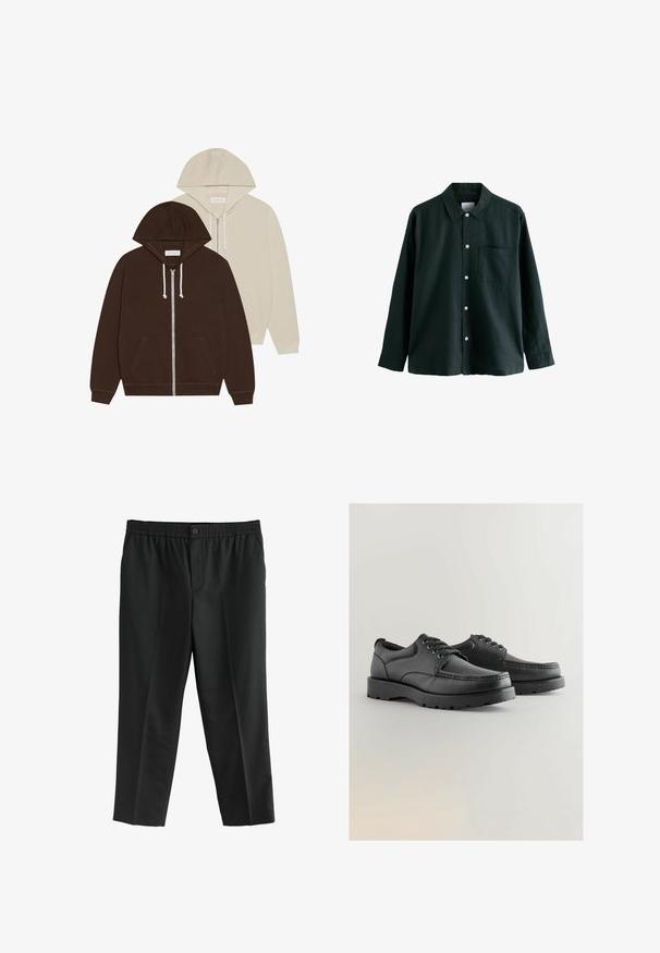Pier One 2 PACK - Sudadera con cremallera - dark brown, off-white; Camisa de botón de color verde oscuro con cuello, mangas largas y un bolsillo en el pecho; cuenta con botones blancos y una textura suave.; Pantalones negros de tela con una cinturilla elástica y un solo botón. Diseño de pierna recta sin bolsillos visibles.; Zapatos de cuero negro con texturizado en la parte superior, punta redonda, diseño con cordones y suelas de goma gruesa con un patrón de relieve.