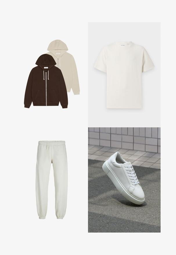 Pier One 2 PACK - Majica s kapuljačom i patentnim zatvaračem - dark brown, off-white; Bijela kratka majica s kratkim rukavima u rebrastoj teksturi. Okrugli izrez, ležeran kroj, bez vidljivih uzoraka ili akcenta. Jednostavan i svestran dizajn.; Bijele trenirke napravljene od mekanog materijala, s elastikom u struku i na manžetama, glatke teksture i labavog kroja.; Bijela kožna tenisica s glatkom površinom, okruglim vrhom i ravnim bijelim vezicama. Ima teksturiran gumeni potplat i minimalne dizajnerske elemente.