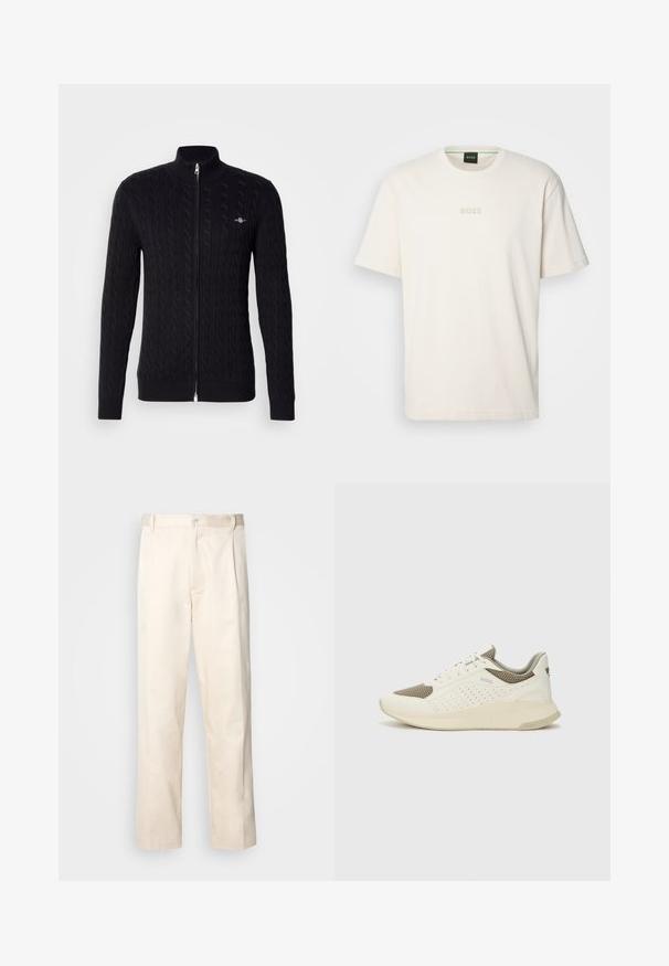 Must mustriga, tõmblukuga, millel on nööriga kudumine, soonikuga mansetid ja krae. Hõbedane tõmblukudetail ja väike logo rinnal.; BOSS TEE - Lihtne T-särk - open white; Beesidised puuvillased püksid sirge jala lõikega, mis on varustatud nööpkinnituse ja ees olevate voltidega, et lisada detaili.; Valge ja heledat beeži värvi spordijalats, millel on õhuke võrkmaterjal, perforatsioonidega detailid ning tekstuuriga vahetald, millel on brändi logo kannaosas.