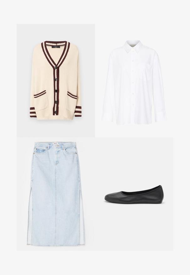 Kermavaippo, jossa on syvä V-pääntie, tummanpunaiset raidat reunoilla ja kuusi mustaa nappia. Varustettu kahdella etutaskulla ja resorihihansuilla.; Valkoinen pitkähihainen kauluspaita, joka on valmistettu puuvillasta. Paidassa on napitettava etuosuus ja yksi rintatasku. Pehmeä pinta, rento malli.; Vaaleansininen farkkumaxi-hame, jossa on suora leikkaus, sivuaukot ja viisitaskumallinen muotoilu. Korostetut saumat ja metallinappikiinnitys.; Musta nahkainen ballerina, jossa on pyöristetty kärki, sileä pinta, minimaalinen ommelkoristelu ja joustava pohjamuotoilu.