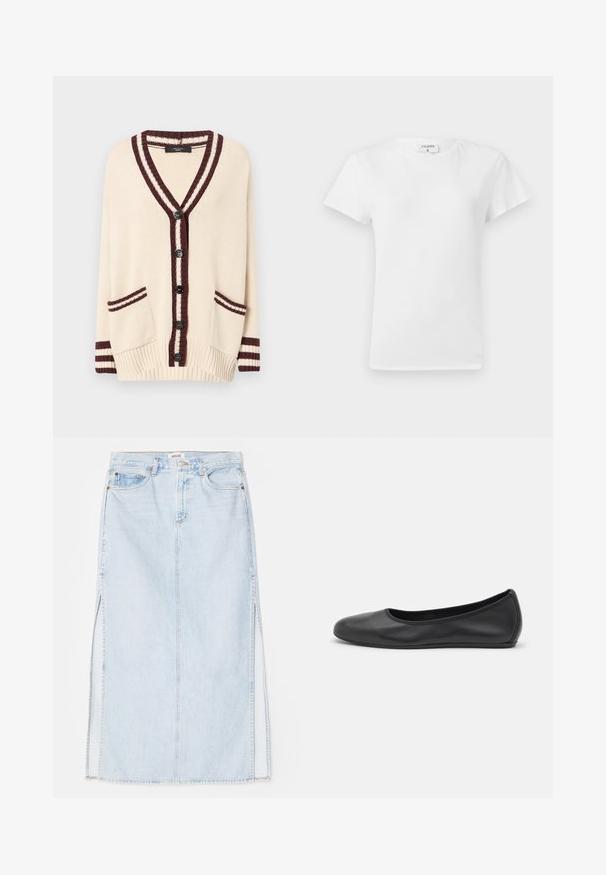 Kremveida kardigāns ar dziļu V-veida izgriezumu, tumši sarkanu svītru apdari un sešiem melniem pogām. Iekļauj divas priekšējās kabatas un ribinātas aproces.; Balts kokvilnas T-krekls ar apaļu kakla izgriezumu un īsām piedurknēm, tam ir brīvs piegriezums un minimālistisks dizains. Vēl redzama birka pie kakla.; Gaiši zilā denima maksi svārki ar taisnu griezumu, ar sānu šķēlēm un piecu kabatu dizainu. Izteikta izšūšana un metāla pogas aizdare.; Melna ādas baleta kurpe ar noapaļotu purngalu, gludu tekstūru, minimālu šuvju detalizāciju un elastīgu zoles dizainu.