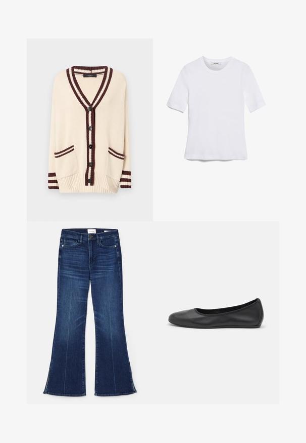 Krémový kardigan s hlubokým V-výstřihem, tmavě červeným pruhovaným lemem a šesti černými knoflíky. Má dvě přední kapsy a žebrované manžety.; Bílá tričko s krátkým rukávem vyrobené z žebrované tkaniny. Kulatý výstřih, normální střih a jemné detaily šití. Bez vzorů nebo grafik.; Tmavě modré zvonové džíny vyrobené z denimu. Mají vysoký pas, přední kapsy a rozparky na lemu. Klasický design s pěti kapsami.; Černé kožené baletní byty s kulatou špičkou, hladkou texturou, minimálními švy a flexibilním designem podrážky.