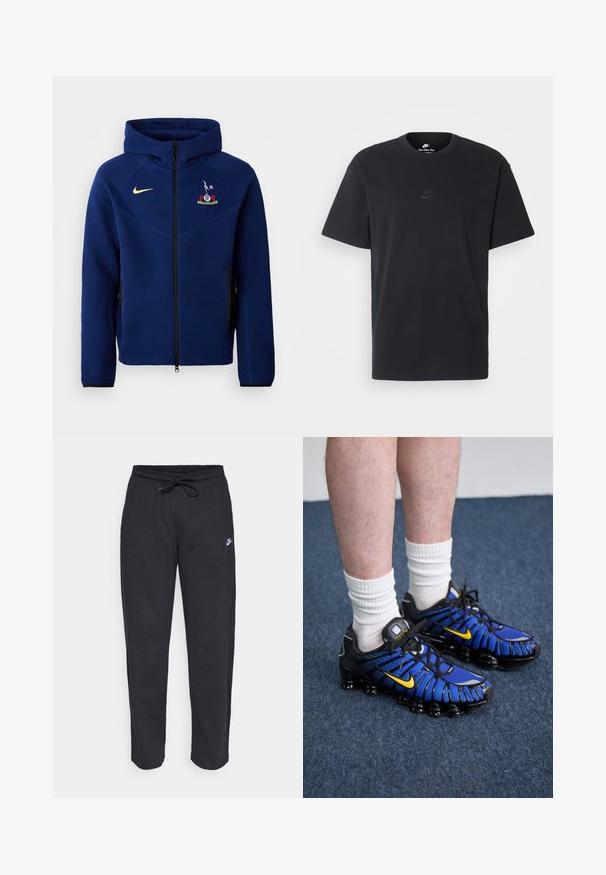 Navy blue zip-up hoodie made of soft fabric, featuring a black zipper, Nike logo in yellow, and an embroidered emblem on the chest.; Nike black cotton t-shirt with a classic crew neck, short sleeves, and a subtle, embossed logo on the chest. Smooth texture.; Black sweatpants made of soft fabric with an elastic waistband, drawstring, and a small Nike logo on the left thigh.; Blue and black athletic shoes feature a mesh design, yellow accents, and a segmented sole. Worn with white crew socks.