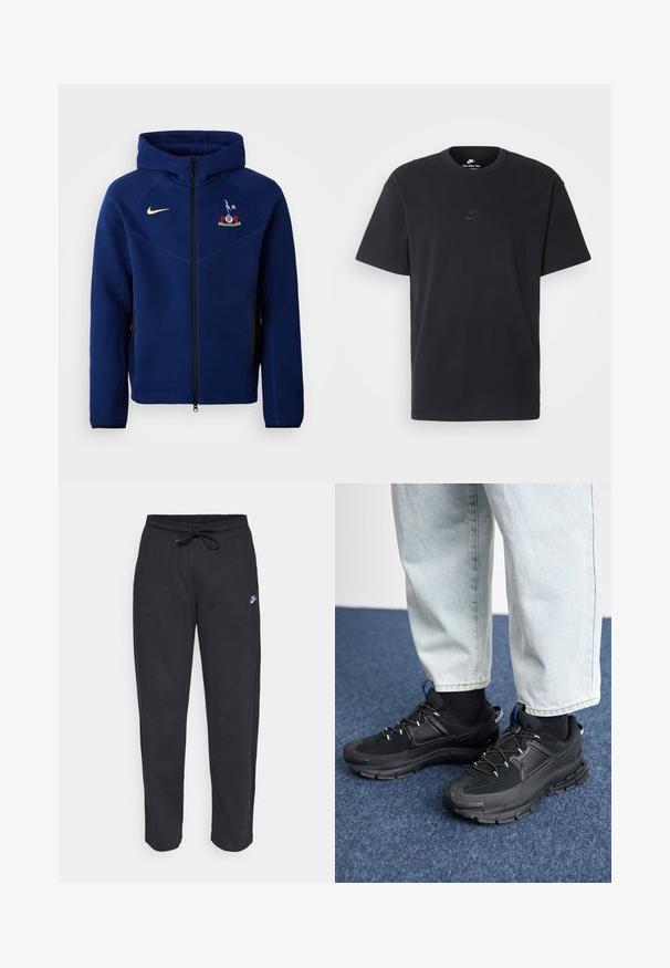 Navy blue zip-up hoodie made of soft fabric, featuring a black zipper, Nike logo in yellow, and an embroidered emblem on the chest.; Nike black cotton t-shirt with a classic crew neck, short sleeves, and a subtle, embossed logo on the chest. Smooth texture.; Black sweatpants made of soft fabric with an elastic waistband, drawstring, and a small Nike logo on the left thigh.; Black athletic shoes with textured fabric and rubber soles, featuring elastic laces and a blue accent on the heel. Worn with light denim pants.