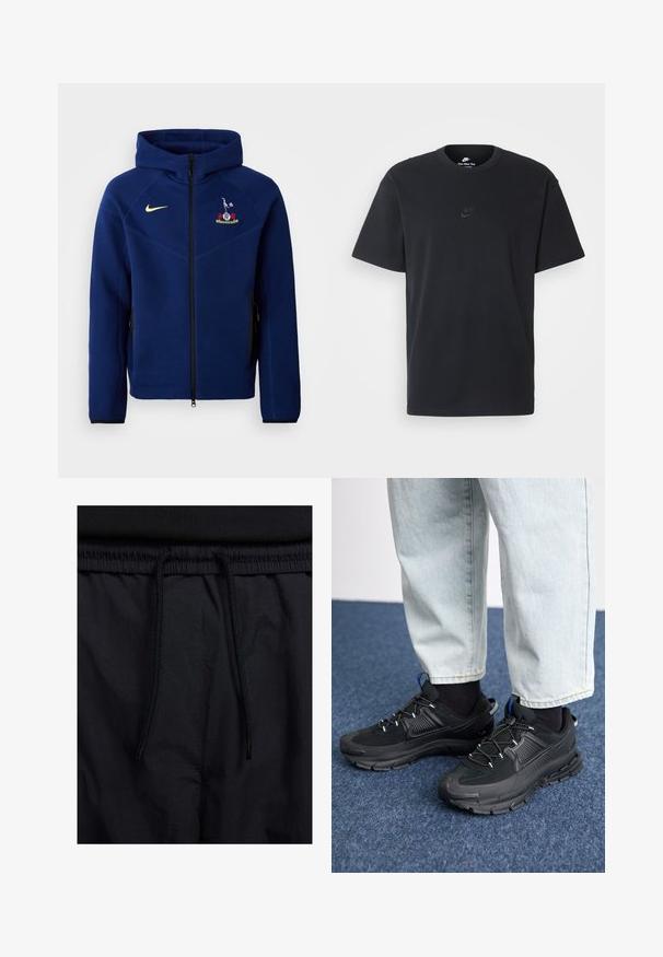 Donkerblauwe zip-up hoodie gemaakt van zacht materiaal, met een zwarte rits, het Nike-logo in geel en een geborduurd embleem op de borst.; Zwarte katoenen t-shirt van Nike met een klassieke ronde hals, korte mouwen en een subtiele, reliëflogo op de borst. Gladde textuur.; Zwarte shorts met een drawstring tailleband, lichtgewicht stof met een zachte textuur en een eenvoudig ontwerp zonder zichtbare logo's of patronen.; Zwarte sportschoenen met gestructureerde stof en rubberen zolen, met elastische veters en een blauwe accent op de hiel. Draag samen met lichte spijkerbroeken.