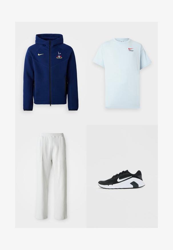 Navy blue zip-up hoodie made of soft fabric, featuring a black zipper, Nike logo in yellow, and an embroidered emblem on the chest.; Light blue cotton t-shirt with short sleeves, round neck, and a red Nike swoosh logo. Text reads "ATHLETIC DEPT. JUST DO IT."; White casual pants with an elastic waistband and large front patch pockets, displayed on a plain light background.; Black and white Nike running shoe with white swoosh logo, lace-up design, and cushioned sole, shown from side on plain background.