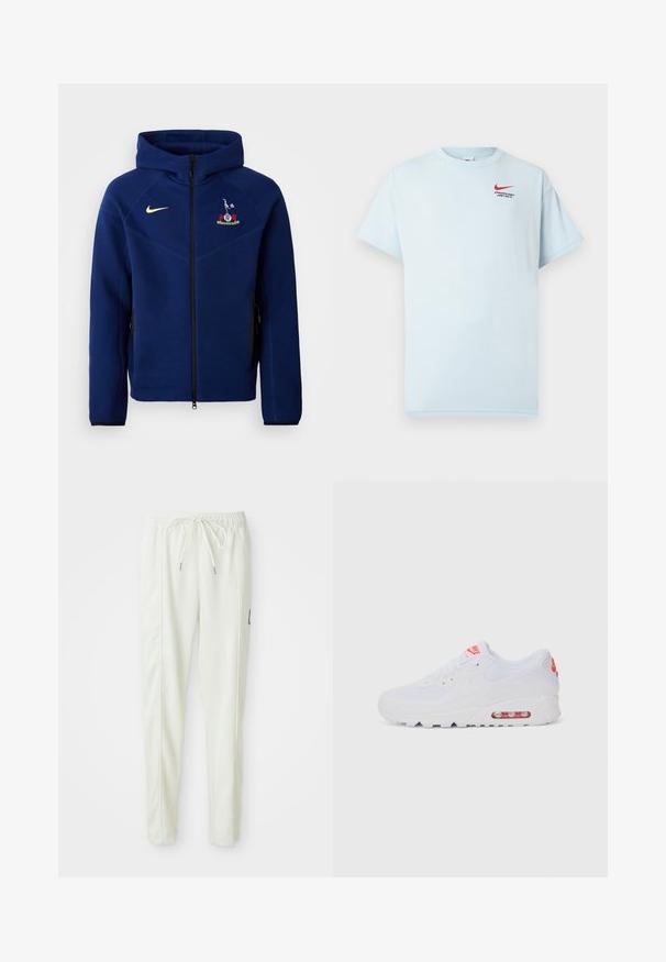 Marinblå zip-hoodie i mjukt tyg, med en svart dragkedja, Nike-logotyp i gult och en broderad emblem på bröstet.; Ljusblå bomulls t-shirt med korta ärmar, rund nacke och en röd Nike swoosh-logotyp. Texten lyder "ATHLETIC DEPT. JUST DO IT."; Vita slim-fit joggerbyxor med elastisk midja och dragsko, med sidofickor och en liten svart patch på höger ben.; Vit atletisk sneaker med en slät överdel, snörning, vadderad sula och en synlig luftenhet med röda detaljer på varumärket.