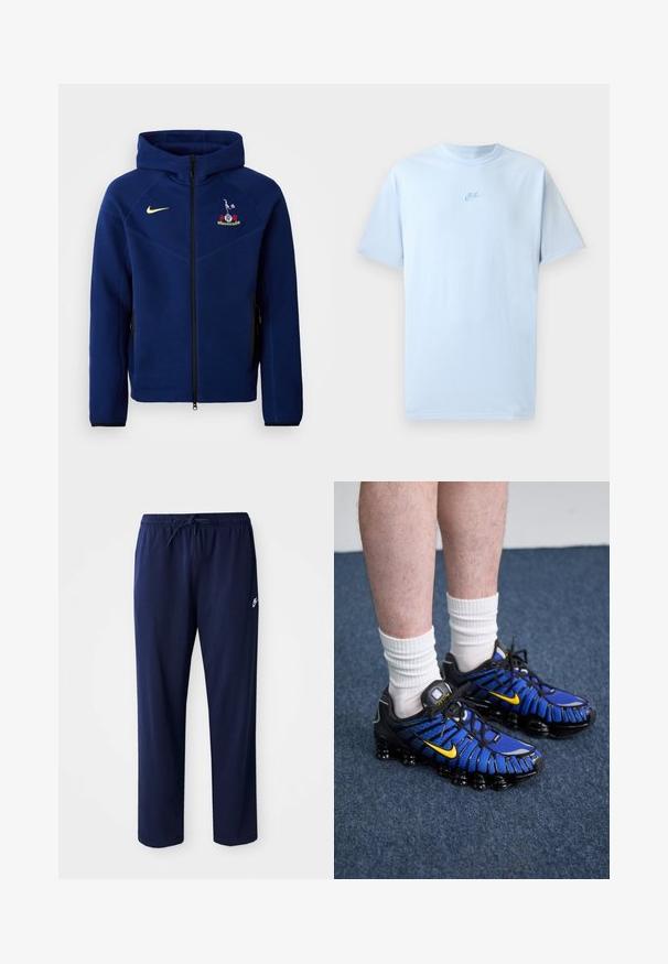 Mørkeblå hettegenser med glidelås laget av myk stoff, med svart glidelås, Nike-logo i gul og et brodert emblem på brystet.; Himmelsblå bomull T-skjorte med korte ermer, rund hals og brodert Nike-logo i en noe mørkere blåfarge på brystet.; Marineblå, lette joggebukser laget av bomullsblanding. Har en justerbar midje med snor og en liten logo på venstre side.; Blå og svarte sportsko med nettdesign, gule detaljer og en segmentert såle. Brukt med hvite ankelsokker.