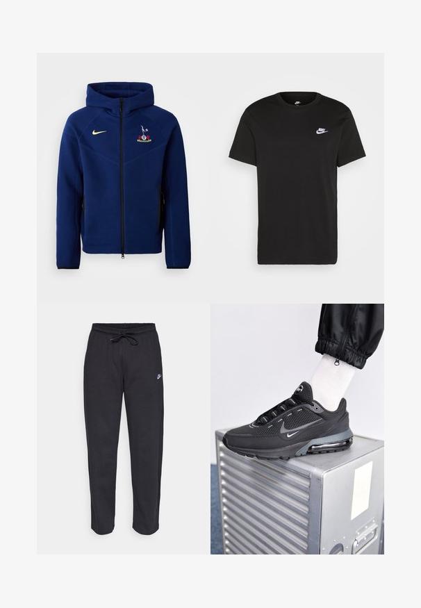 Námorně modrá mikina na zip vyrobená z měkkého materiálu, s černým zipem, žlutým logem Nike a vyšitým emblémem na hrudi.; Černé bavlněné tričko s krátkými rukávy, kulatým výstřihem a malým bílým logem Nike na levé horní části hrudi. Hladká textura. Klasický střih.; Černé tepláky vyrobené z měkké tkaniny s elastickým pasem, šňůrkou na stažení a malým logem Nike na levém stehně.; Nike Sportswear PULSE - Tenisky - black/anthracite