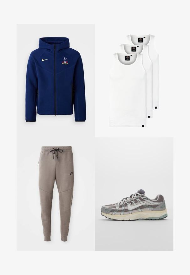 Marinblå zip-hoodie i mjukt tyg, med en svart dragkedja, Nike-logotyp i gult och en broderad emblem på bröstet.; Tre vita ribbade linnen i bomull. Har rund halsringning och små svarta etiketter vid fållen. Finns i flera storlekar.; Grå Nike sweatpants med dragsko i midjan, avsmalnande ben, sidofickor och tydlig sömdekoration. Mjuk, strukturerad tyg.; Grå atletiska sko med en överdel av mesh och mocka, vita accenter, en vadderad sula och en unik design med reflekterande element.