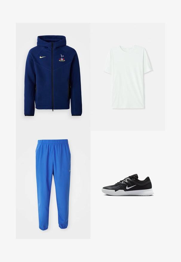 Tumši zila kapucīna jaka ar rāvējslēdzēju, izgatavota no mīkstas auduma, ar melnu rāvējslēdzēju, Nike logo dzeltenā krāsā un izšūtu emblēmu uz krūšu.; Gai mints zaļš īsu piedurkņu T-krekls, izgatavots no mīkstas auduma. Tam ir apaļa kakla izgriezuma forma un vienkāršs, taisns griezums bez rotājumiem.; Zili zili svārki ar elastīgu jostasvietu, taisnas kāju dizainu un sašaurinātām piedurknēm. Ar Nike zīmolu zeltā kreisajā pusē.; Melni sporta apavi ar teksturētu virsu, balto Nike zulumu un balto gumijas zoli. Iezīmējas ar auklu pievilkšanas dizainu un dinamisku formu.