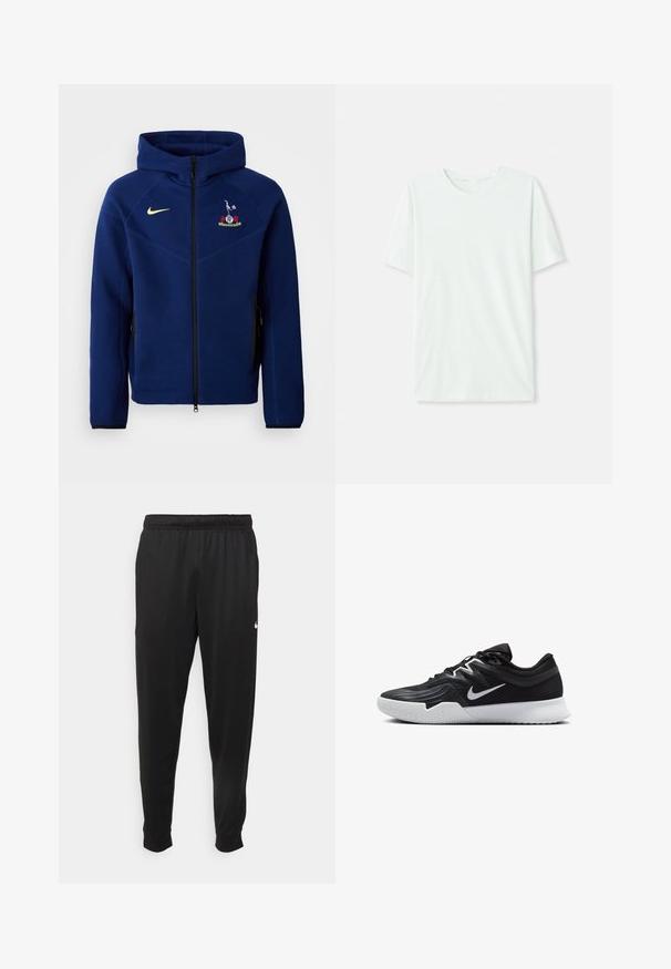 Temno modra zip-up kapuca iz mehkega materiala, z črnim zadrgo, Nike logotipom v rumeni barvi in vezenim grbom na prsih.; Svetlo mint zelena majica s kratkimi rukavi, izdelana iz mehkega blaga. Ima okroglo ovratnico in preprost, ravno kroj brez okrasnih elementov.; Črne športne hlače iz gladkega materiala, z elastičnim pasom, zoženimi hlačnicami in majhnim belim logotipom na levi strani.; Črne atletske čevlje z teksturirano zgornjico, belim Nike znakom in belim gumijastim zunanjim podplatom. Imajo vezalni dizajn in dinamično obliko.