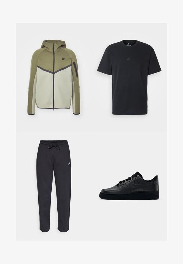 Jaqueta verde-oliva com fecho frontal, capuz e painel cinza claro em contraste. Apresenta um logotipo e um bolso com fecho no braço. Textura suave.; T-shirt de algodão preto da Nike com um clássico decote redondo, mangas curtas e um logótipo em relevo discreto no peito. Textura suave.; Calças de treino pretas feitas de tecido suave, com faixa elástica na cintura, cordão regulador e um pequeno logótipo da Nike na coxa esquerda.; Sapatilha Nike Air Force 1 preta com parte superior em couro liso, bico perfurado para respirabilidade, atacadores pretos e sola de borracha texturizada.