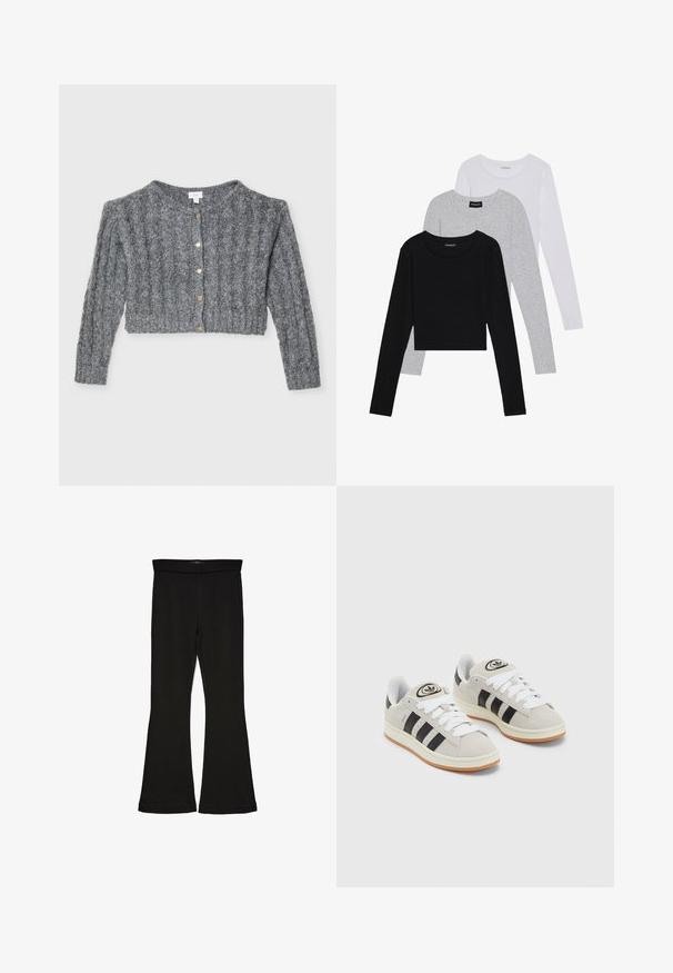 Šedý pletený kardigan s ribkovanou texturou, zkrácenou délkou, kulatým výstřihem a zlatými knoflíky vpředu.; Tři trička s dlouhým rukávem naskládaná na sobě: černé, šedé a bílé. Každé má kulatý výstřih a kratší střih z hladkého, lehkého materiálu.; Černé legíny s rozšířením vyrobené z elastického materiálu. Mají široký pás a hladkou strukturu, s přiléhavým střihem, který se na lemu rozšiřuje.; Šedé semišové tenisky s bílými tkaničkami, černými pruhy a bílou gumovou podrážkou. Mají kulaté logo na jazyku a gumovou podrážku.