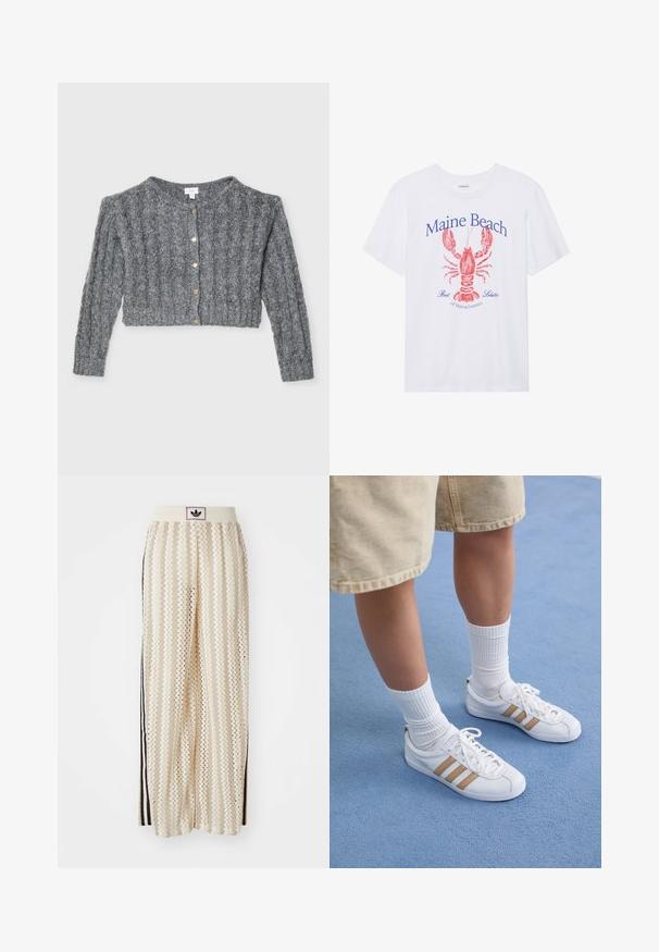 Cardigan gri tricotat, cu textură în relief, lungime scurtă, decolteu rotund și nasturi aurii pe față.; Tricou alb din bumbac, cu un grafic de homar roșu și text albastru care citește "Maine Beach Best Lobster of Massachusetts." Mâneci scurte.; Pantaloni largi de culoare crem, cu un model în zigzag, având un brâu cu logo negru și dungi laterale negre. Material ușor, texturat.; Tenisi albi cu trei dungi aurii, design cu șireturi, talpă din cauciuc, purtați cu șosete albe cu dungi și pantaloni scurți bej pe o suprafață albastră.