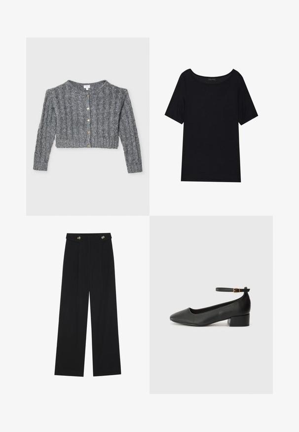 Pilkas mėgztas kardiganas, su raukšlėta tekstūra, trumpu ilgiu, apvaliu iškirpimu ir auksiniais mygtukais priekyje.; Juoda trumpomis rankovėmis marškinėliai su plačiu iškirpimu. Pagaminti iš švelnios, lengvos medžiagos. Paprastas dizainas be raštų ar akcentų.; Juodi plačios kojos kelnės su aukštu liemeniu, sagų detalėmis ant liemens ir priekinėmis raukšlėmis.; Juodas odinis aukštakulnis batelis su smailiu pirštu ir žemu bloku. Su kulkšnies dirželiu su auksinės spalvos sagtimi. Lygus paviršius.