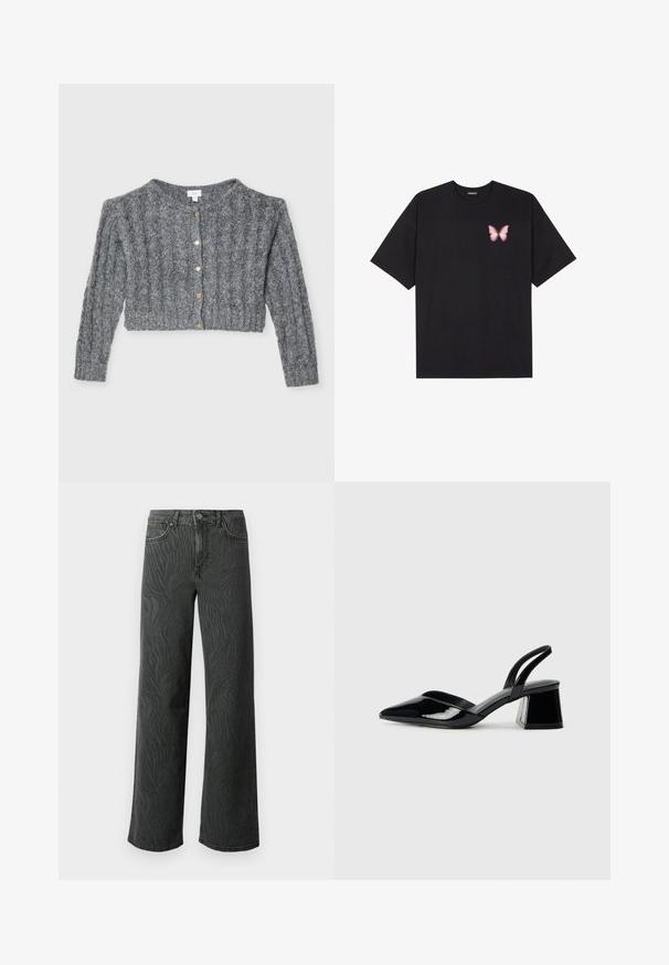 Szürke kötött kardigán bordás textúrával, rövid hosszal, kerek nyakkivágással és arany gombokkal az elején.; Fekete pamut póló rövid ujjakkal, bal mellkason egy kis rózsaszín pillangó grafikával. Kerek nyakú kialakítás, laza fazonnal.; Sötét szürke denim széles lábú farmer, diszkrét zebra mintás textúrával, kontrasztos varrással és öt zsebes kialakítással, gombos zipzárral.; Fekete lakk bőr szandálkés magas sarkú cipő, hegyes orral és geometrikus tömbsarkakkal. Karcsú, minimalista dizájn és sima textúra jellemzi.