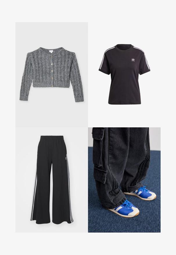 Szürke kötött kardigán bordás textúrával, rövid hosszal, kerek nyakkivágással és arany gombokkal az elején.; Fekete pamut, rövid ujjú póló kerek nyakkal, fehér csíkokkal a vállakon és egy kis fehér Adidas logóval a mellkasán.; Fekete, bő szárú melegítőnadrág, rugalmas derékkal, fehér oldalsávokkal és hímzett logóval a bal combon.; Egy négyzetes fekete cargo nadrágot viselő személy, kék és fehér sportcipővel áll egy sötétkék szőnyegen.