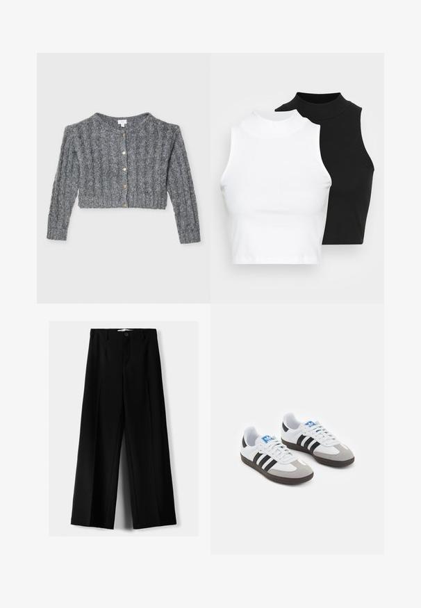 Grå stickad cardigan med ribbad textur, kort längd, rund halsringning och guldknappar fram.; Två ärmlösa ribbade polotröjor i svart och vitt, med en figursydd design och slät textur, i en kortad längd.; Svarta vida byxor i lätt material, med knappstängning fram och platt front, samt väl sydda fållar.; Sportskor med överdel i vit läder, grå mocka på tårna och tre svarta ränder. Har en blå logotyp på tungan och en texturerad gummisula.