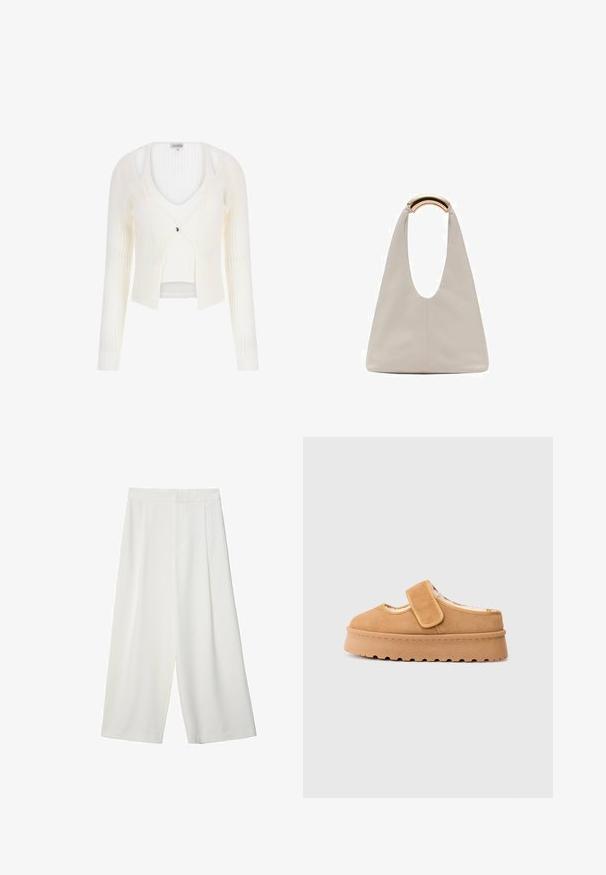 Biely rebrovaný sveter s dlhými rukávmi, V-výstrihom a malým predným zapínaním na gombík. Mäkkučká textura s kratším dizajnom a vrstveným vzhľadom.; Biela krátkopsová tričko vyrobené z bavlny. Má okrúhly výstrih a voľný strih. Hladká textúra bez viditeľných vzorov alebo akcentov.; Biele široké nohavice so skrátenou dĺžkou a hladkou textúrou, s plochým predným dielom a bez viditeľných zapínaní alebo vreciek.; Hnedé semišové slip-on topánky s suchým zipsom, okrúhlou špičkou a hrubou platformovou podrážkou s texturovaným gumovým vzorom.; Svetlosivá kožená taška s U-tvarom a zakrivenou kovovou rukoväťou. Hladký povrch s minimálnym prešívaním a bez viditeľných vzorov.