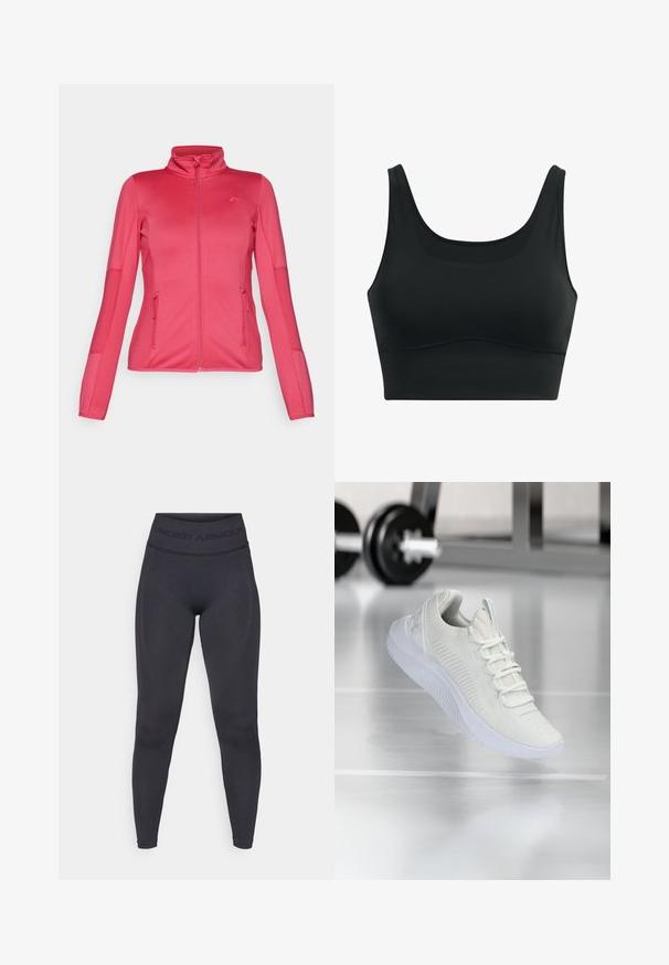 ONLY Play ONPJETTA - Flisinė striukė - granita; Juodas sportinis liemenukas, pagamintas iš lygaus audinio, su apvaliu kaklu, plačiomis petnešomis ir besiūle konstrukcija su išlinkusia apatine dalimi.; Juodos leggingai su aukštu elastiniu juosmeniu, kuriame yra tekstas "UNDER ARMOUR". Lygus paviršius su subtiliais raštų akcentais palei kojas.; Balti sportiniai batai su tekstūruota tinklelio viršutine dalimi ir raištelių sistema, turintys paminkštintą baltą pado ir subtilius įdubimus.