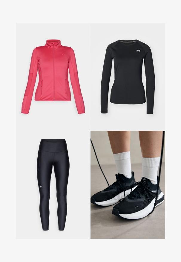 ONLY Play ONPJETTA - Fleecejakke - granita; Svart langermet treningsskjorte laget av glatt stoff, med rund hals og en liten hvit logo på venstre bryst.; Sorte leggings laget av glatt, elastisk materiale med høy midje. Har en hvit logo på venstre lår og en tettsittende design.; Svarte treningssko med teksturert stoff, hvit såle og svarte snøringer. Brukt med hvite ribbestrikkede sokker, stående på en lys overflate.