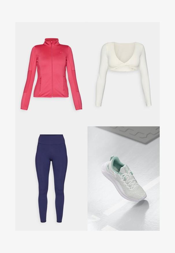 ONLY Play ONPJETTA - Flīsa jaka - granita; Balts garais piedurknes apgrieztais tops ar dziļu V veida dekoltē un savītu priekšpusi, izgatavots no gludas, elastīgas auduma.; Jūras spēku augsto jostu legingi, kas izgatavoti no elastīga auduma. Iezīmē plakanas šuvi un ciešu piegriezumu, ar divām sānu kabatām uzglabāšanai.; Gaišpelēka sporta apava ar teksturētu trikotāžas augšu, mentolzaļiem akcentiem, baltām šņorēm, gumijas zoli un cilpu uz papēža.