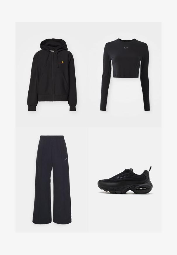 Felpa nera con zip, realizzata in misto cotone, con tasca a marsupio, polsini a coste e un piccolo logo ricamato sul petto.; Top corto a maniche lunghe nero realizzato in tessuto morbido, con scollo rotondo e logo Nike bianco sul petto.; Pantaloni neri a gamba larga con cintura elastica e un piccolo logo Nike bianco. Il tessuto ha una texture liscia, progettata per il comfort e l'abbigliamento casual.; Scarpa sportiva nera con una tomaia liscia e testurizzata. Presenta punta tonda, colletto imbottito e ammortizzazione ad aria visibile nella suola.