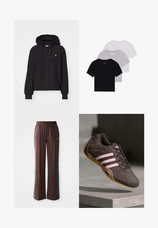 Schwarze Zip-Hoodie aus Baumwollmischung, mit einer Kängurutasche, gerippten Bündchen und einem kleinen gestickten Logo auf der Brust.; Set aus drei kurzärmeligen T-Shirts in Schwarz, Grau und Weiß. Hergestellt aus Baumwolle, mit Rundhalsausschnitt und einem einfachen, einfarbigen Design.; Braune Sporthosen mit gerippter Textur, elastischem Bund und türkisfarbenen Seitenstreifen. Mit dem adidas-Logo auf der Vorderseite.; Braune Wildleder-Sportschuhe mit pinken Streifen und Logo, featuring eine strukturierte Oberseite, Schnürung und einer Sohle aus Gummi.