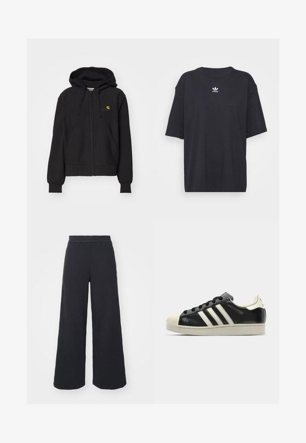 Melnā hoodie ar rāvējslēdzēju, izgatavota no kokvilnas maisījuma, ar kangaroo kabatu, ribotiem piedurkņu galiem un mazu izšūtu logo uz krūtīm.; Melna kokvilnas t-kreklā ar īsām piedurknēm un apaļu kakla izgriezumu, uz krūtīm ir balta Adidas logo. Vienkāršs dizains, brīvs piegriezums.; Melni platās svārku bikses, izgatavotas no mīksta auduma, ar elastīgu jostas daļu un mazu logotipu kreisajā pusē.; Melna ādas sporta apava ar baltām svītrām, gumijas purngala aizsardzību, melnām auklām un krēma krāsas zoli. Gluda tekstūra ar spīdīgu apdari.
