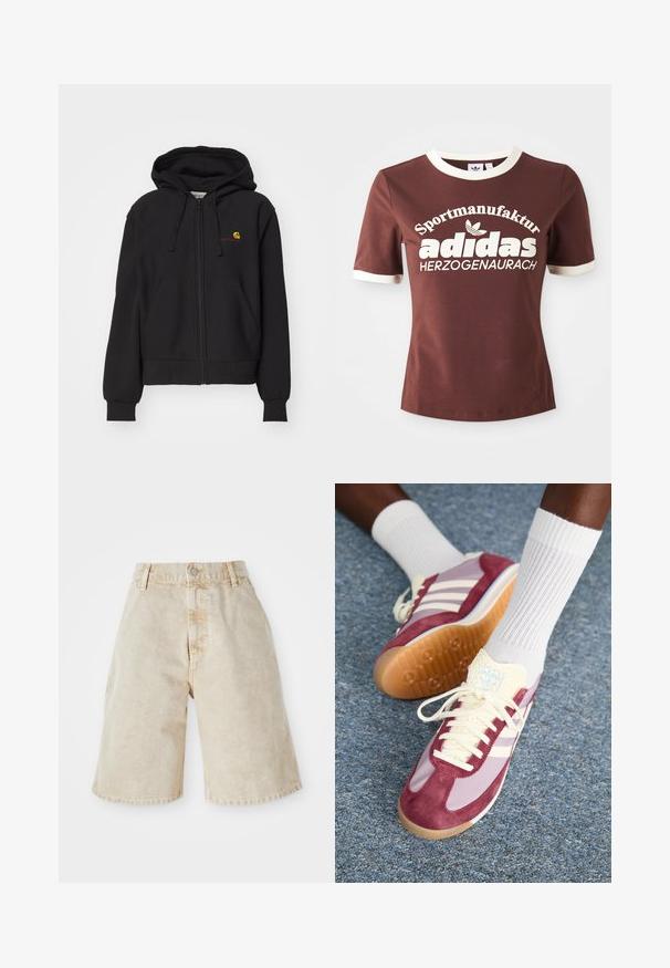 Haut à capuche zippé noir en mélange de coton, avec une poche kangourou, des poignets côtelés et un petit logo brodé sur la poitrine.; T-shirt marron à manches courtes avec col et poignets crème. Présente un grand texte blanc indiquant "Sportmanufactur adidas Herzogenaurach."; Shorts en denim beige à taille haute, avec fermeture par bouton et poches avant. Présente une coupe décontractée et ample, avec des bords légèrement effilochés.; Baskets avec un design en suède bordeaux et violet clair, dotées de trois rayures blanches, de lacets crème et d'une languette texturée jaune. Semelle en caoutchouc.