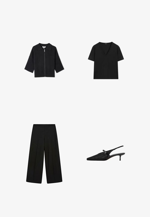 Czarny krótki sweter z zamkiem, z prążkowanym kołnierzem i rękawami, charakteryzujący się gładką dzianiną oraz szerokimi, krótkimi rękawami.; Czarny T-shirt z krótkim rękawem i dekoltem w serek o prostym, dopasowanym kroju na białym tle.; Czarne, szerokie spodnie z miękkiego materiału, z wysokim stanem i plisami, o gładkiej fakturze i bez widocznych ozdób.; Czarne szpilki typu slingback z ostro zakończonym noskiem, teksturowaną siateczką na cholewce, smukłym regulowanym paskiem z srebrną klamrą oraz 5 cm obcasami typu stiletto.