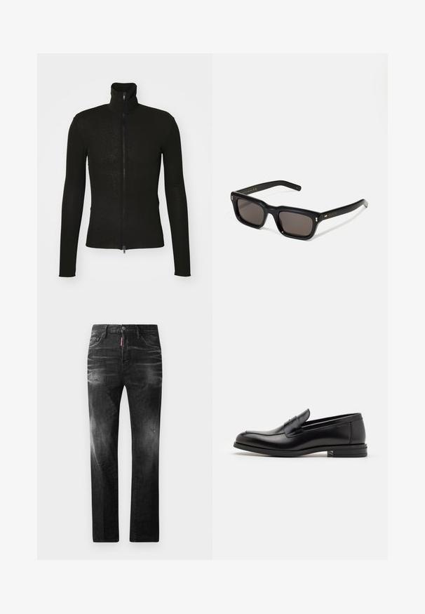 Schwarze Zip-Jacke aus einem strukturierten Stoff, mit langen Ärmeln und hohem Kragen. Der Front-Reißverschluss reicht vom Kragen bis zum Saum.; Marineblaue Baumwoll-T-Shirt mit Rundhalsausschnitt und kurzen Ärmeln, mit einer glatten Oberfläche und einfachem Design, ohne sichtbare Muster oder Akzente.; Schwarze Jeans aus Denim mit geradem Schnitt. Verfügt über ausgebleichte Bereiche, leichte Abnutzung, klassisches Fünf-Taschen-Design und einen Knopfverschluss.; Schwarze Lederloafers mit glatter Textur, rundem Zehenbereich und einem dekorativen Riemen über dem Vorderfuß. Niedriger, gestapelter Absatz, minimalistisches Design.; Schwarze rechteckige Sonnenbrille mit dunklen Gläsern, dickem Kunststoffrahmen, goldenen Akzenten an den Bügeln und eingraviertem Markenlogo am Arm.