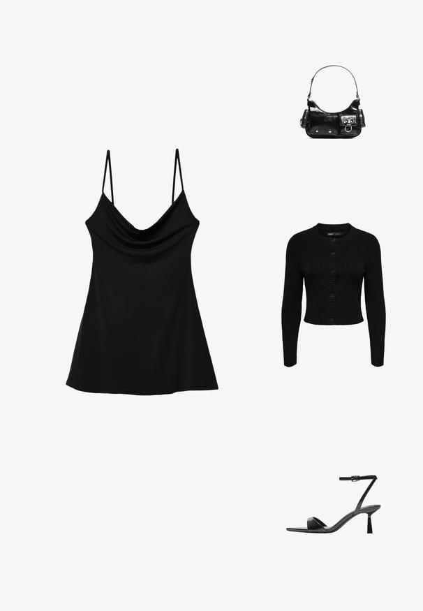Mustassa ribbattussa neuletakissa on pitkät hihat, pyöreä kaula-aukko ja nappikiinnitys. Teksturoitu kangas, jossa on kontrastoivat vaakasuorat ja pystysuorat ribbikerrokset.; Mustat hihattomat yläosat, joissa on kauluskanta, valmistettu sileästä kankaasta. Ominaisuuksiin kuuluvat ohuet säädettävät hihnat ja levenevä, virtaava siluetti.; Bershka Korolliset sandaalit - black; Mustekko mustasta kiiltonahasta valmistettu käsilaukku, jossa on kaareva muoto, yksi olkahihna, etutaskut ja hopeanväriset yksityiskohdat.