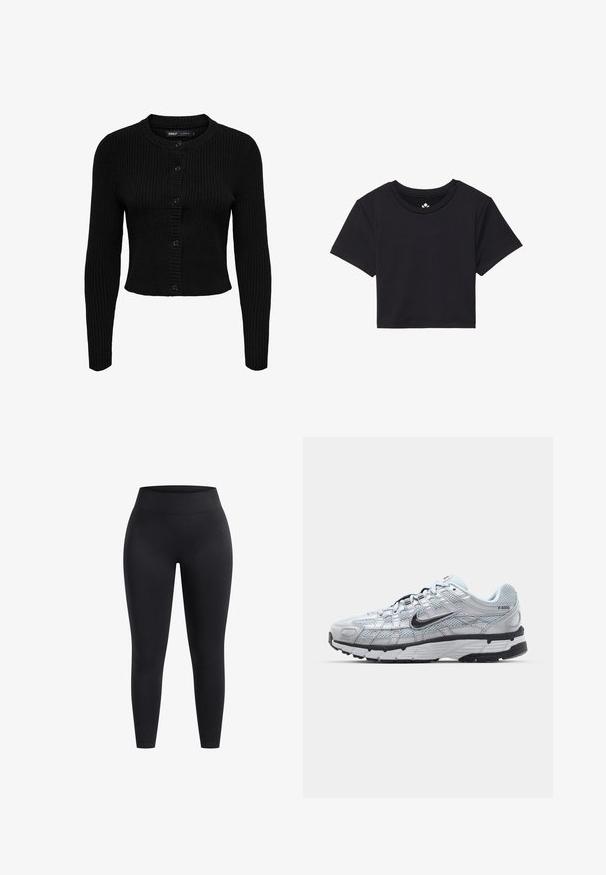 Schwarze gerippte Strickjacke mit langen Ärmeln, rundem Ausschnitt und Knopfverschluss. Strukturiertes Material mit kontrastierenden horizontalen und vertikalen Rippen.; Schwarzes, kurzes T-Shirt mit kurzen Ärmeln, rundem Ausschnitt, aus glattem Stoff. Minimalistisches Design ohne sichtbare Muster oder Akzente.; Hochbundige schwarze Leggings aus dehnbarem Stoff mit glatter Oberfläche und knöchellanger Passform. Keine Muster oder sichtbaren Hardwaredetails.; Nike P-6000 Sneakers mit einem Obermaterial aus leichtem grauem Mesh, schwarzen Akzenten und einer langlebigen schwarzen Gummisohle. Verfügt über ein komplexes Design und ein Schnürsystem.