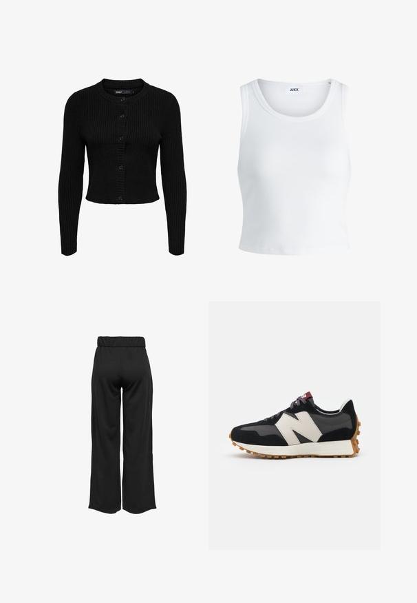 Schwarze gerippte Strickjacke mit langen Ärmeln, rundem Ausschnitt und Knopfverschluss. Strukturiertes Material mit kontrastierenden horizontalen und vertikalen Rippen.; Weißes, geripptes Tanktop mit rundem Halsausschnitt, ärmellosem Design und kurzer Länge. Das Etikett trägt die Aufschrift "JJXX". Glatte Stoffstruktur.; Schwarze, weit geschnittene Hose mit elastischem Bund, aus glattem Stoff gefertigt. Hat ein cleanes Design ohne Taschen oder sichtbare Nähte.; Schwarze und graue Wildledersneaker mit einem großen cremefarbenen "N"-Logo, lila Schnürsenkeln und einer strukturierten Gummisohle.