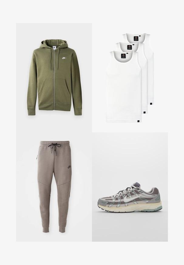 Olivově zelená zipová mikina z měkké tkaniny, s předním zipem, dvěma bočními kapsami a bílým logem Nike na levé hrudi.; Tři bílé žebrované tílka vyrobené z bavlny. Mají kulatý výstřih a malé černé štítky poblíž lemu. Dostupné v několika velikostech.; Šedé Nike tepláky s elastickým pasem na šňůrku, zúženými nohavicemi, bočními kapsami a charakteristickým švem. Měkká, strukturovaná tkanina.; Šedá sportovní obuv s vrchní částí z mikrovlákna a semiše, bílými akcenty, polstrovanou podrážkou a jedinečným designem s reflexními prvky.
