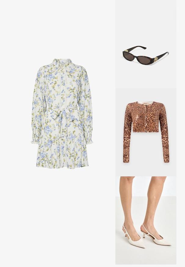 Kardigan s leopardjim vzorom, kratek, z dolgimi rokavi, gumbnim zapiranjem in teksturirano pletenino z sijočim detajlom.; Cvečni obleki v beli barvi z modrimi in zelenimi cvetovi, ki ima ovratnik, sprednje zapiranje na gumbe, dolge rokave z elastičnimi manšetami in pasom.; Bež lakirane usnjene čevlje na peto s koničastim nosom in 5 cm visokim peto, ki imata izrezane stranice in tanko zanko okoli gležnja.; Kornjačaste sunčane naočale s izduženim ovalnim lećama, smeškim tonovima, zlatnim logotipom na drškama i elegantnim crnim rukohvatima.