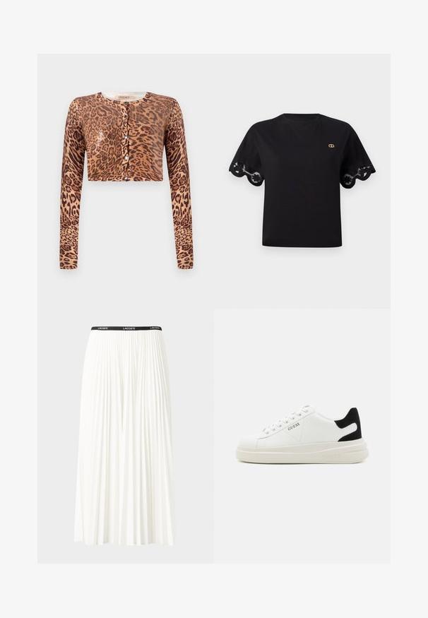 Korth cardigan med leopardmønster, med lange ermer, knaplukning og et teksturert strikket stoff med en skinnende detalj.; Svart bomull t-skjorte med korte, utsvungne ermer og bølget blondekanter. Liten gulllogo på brystet. Enkel, klassisk design.; Plissert hvit skjørt med en svart elastisk midje som har "LACOSTE"-logoen. Midjelengde design med myk tekstur.; Hvite lær sneakers med tykk hvit såle, svart semsket hælforsterkning og preget logo på siden. Snøresystem med seks hull.