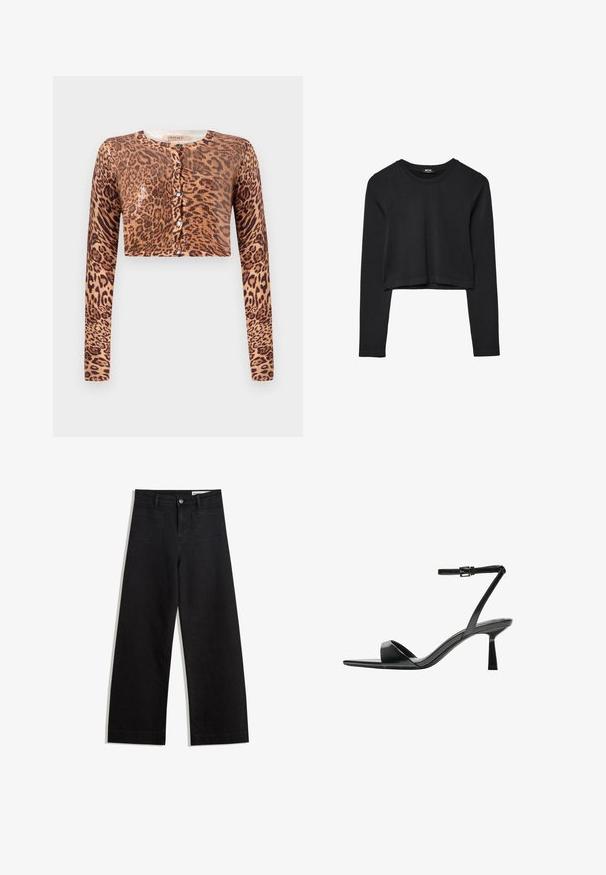Kardigan i leopardmönster med kort längd, långärmade, knappstängning och ett strukturstickat tyg med glansiga detaljer.; Svart långärmad croppad topp med rund halsringning, enkel design och en något rundad nederkant.; Svarta vida denimbyxor med hög midja, med fram- och bakfickor, sydda sömmar och knappstängning. Slät textur.; Bershka Sandaletter - black