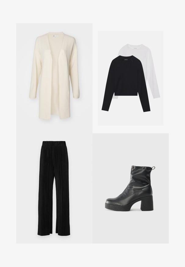 ONLY ONLFRIDA LIFE OPEN - Kardigán - birch; Dvoje tričiek s dlhým rukávom: jedno čierne a jedno biele. Obe majú okrúhly výstrih, raglánové rukávy a mäkkú zmes bavlny.; Čierne plisované nohavice s elastickým pásom. Majú široké nohavice a hladkú, textúrovanú látku s vertikálnymi pruhmi.; Čierne členkové topánky z hladkej kože, so bočným zipsom, robustnou textúrovanou pätnou časťou a zaobleným dizajnom špičky.